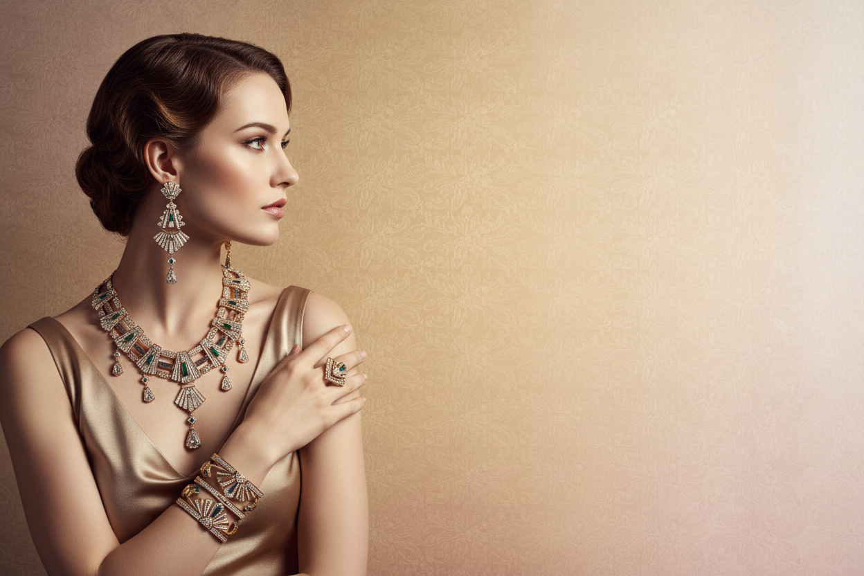 1900 x 800px. Model wearing art deco jewelry takes up left third of image, the rest is a typical hero mage becjground