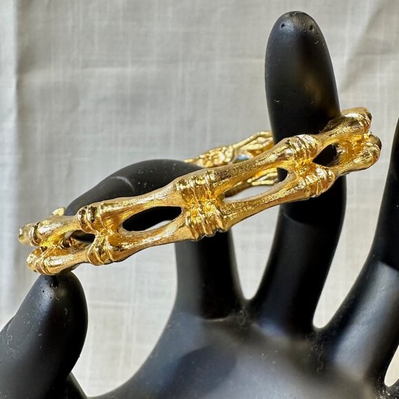Vintage JBK Camrose & Kross Faux Jade and Gold Tone Bamboo Hinged Bracelet