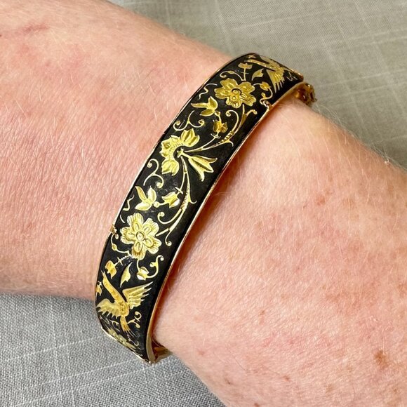 Vintage Damascene Birds and Flowers Hinged Bracelet