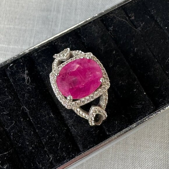 Burmese Ruby Sterling Silver Ring with Diamonds size 6.5