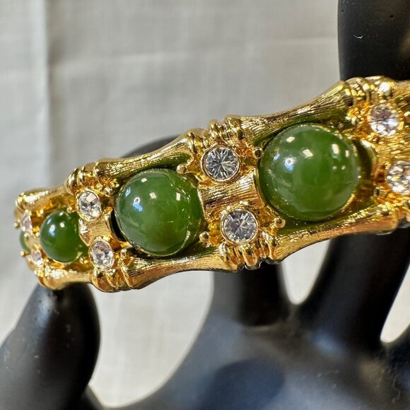Vintage JBK Camrose & Kross Faux Jade and Gold Tone Bamboo Hinged Bracelet