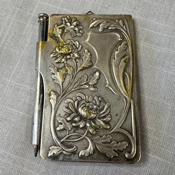 Antique Art Nouveau Silver Chatelaine Notebook Holder with Pencil