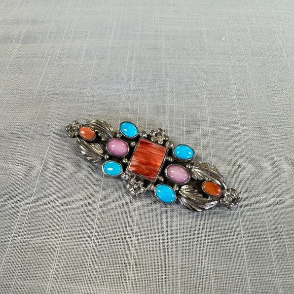 Vintage 1970s Native American Sterling Silver and Gem Stone Brooch