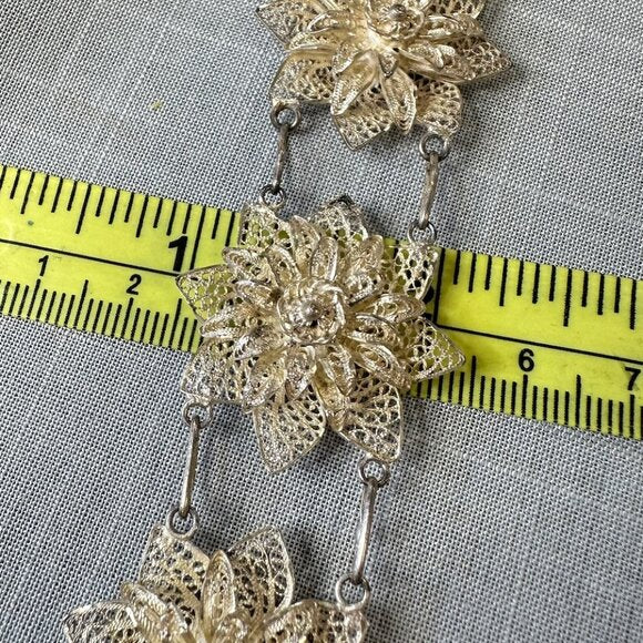 Vintage Silver Large Filigree Flower Linked Bracelet