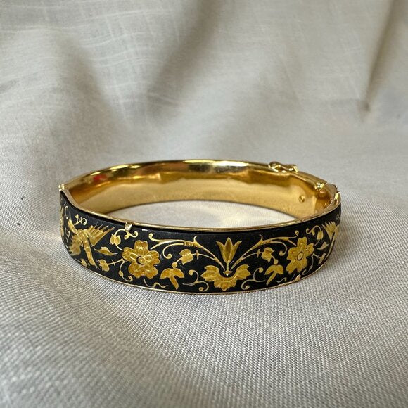 Vintage Damascene Birds and Flowers Hinged Bracelet