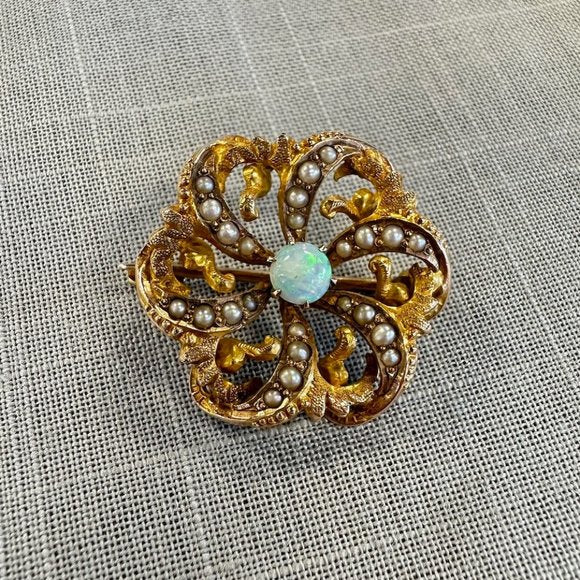 Antique Victorian Gold Opal and seed Pearl Pinwheel Flower Brooch