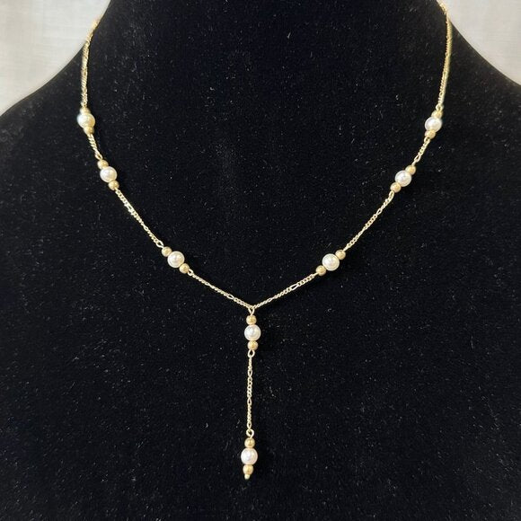 Vintage 10K Gold and Pearl Lariat Necklace