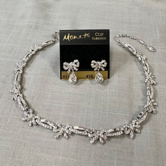 Vintage Monet Demi-Parure Rhinestone Bow Necklace and Clip on Earrings Set