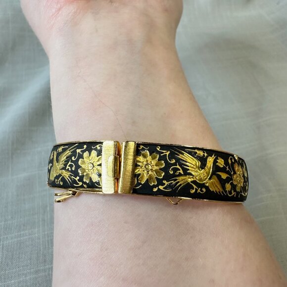 Vintage Damascene Birds and Flowers Hinged Bracelet