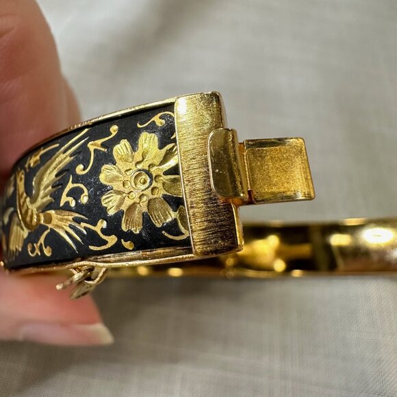Vintage Damascene Birds and Flowers Hinged Bracelet