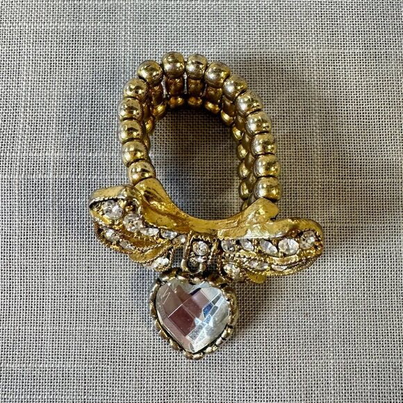 Vintage Betsey Johnson Bow with Rhinestones and Heart Stretch Ring