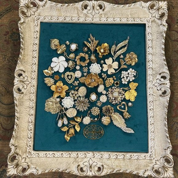 Vintage Jewelry Art Composition in Cream and Gold Framed