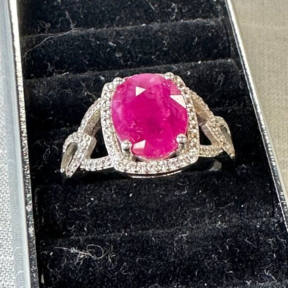 Burmese Ruby Sterling Silver Ring with Diamonds size 6.5