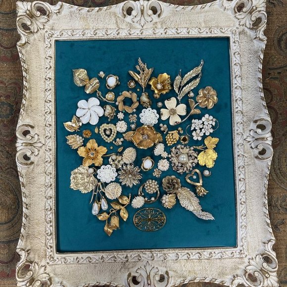 Vintage Jewelry Art Composition in Cream and Gold Framed