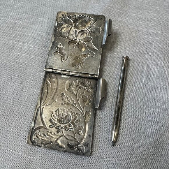 Antique Art Nouveau Silver Chatelaine Notebook Holder with Pencil