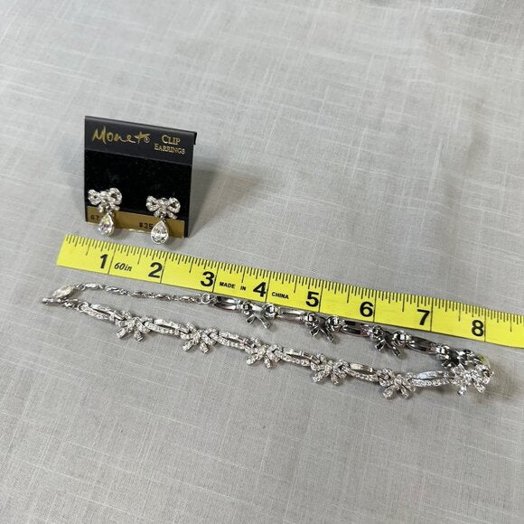 Vintage Monet Demi-Parure Rhinestone Bow Necklace and Clip on Earrings Set