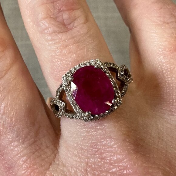 Burmese Ruby Sterling Silver Ring with Diamonds size 6.5