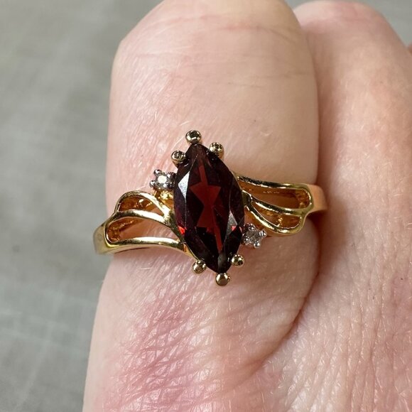 14K Gold Plated Mozambique Garnet and Diamond Ring size 7