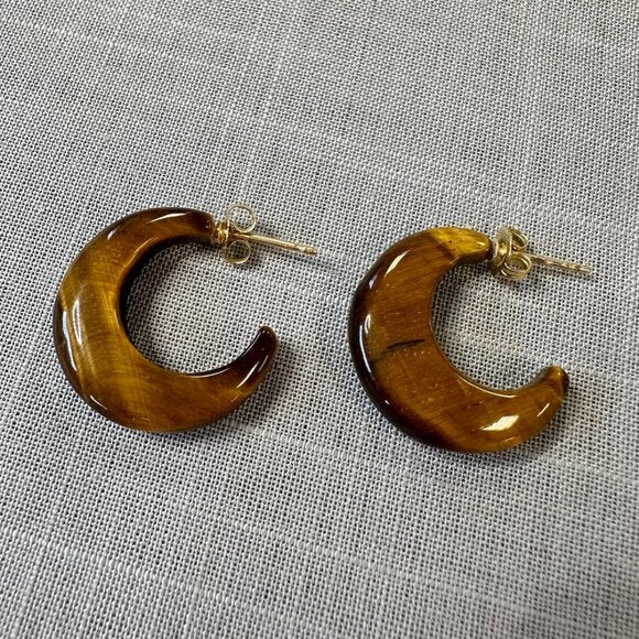 Vintage Tiger Eye C Hoop 14K Gold Earrings