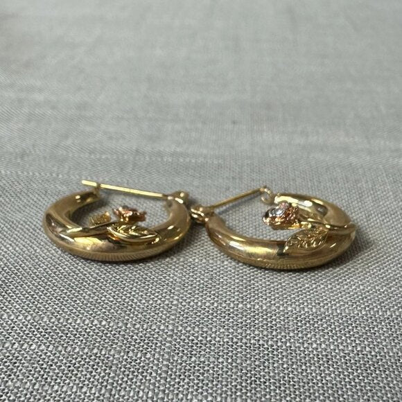 Vintage 14K Gold Hoop Earrings with Roses and Diamond Accent