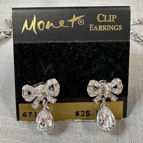 Vintage Monet Demi-Parure Rhinestone Bow Necklace and Clip on Earrings Set