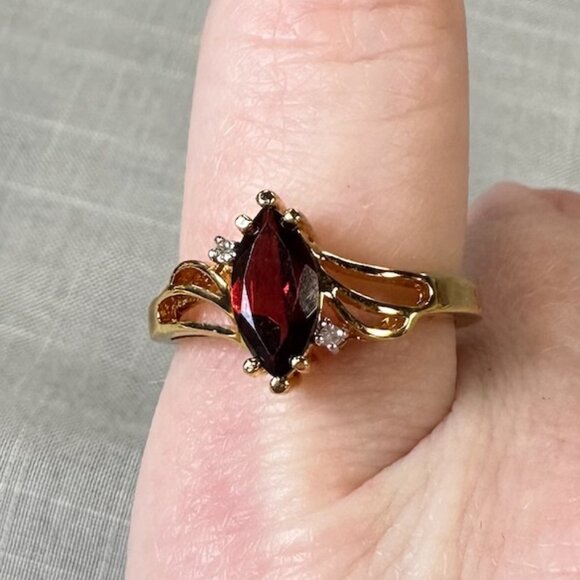 14K Gold Plated Mozambique Garnet and Diamond Ring size 7