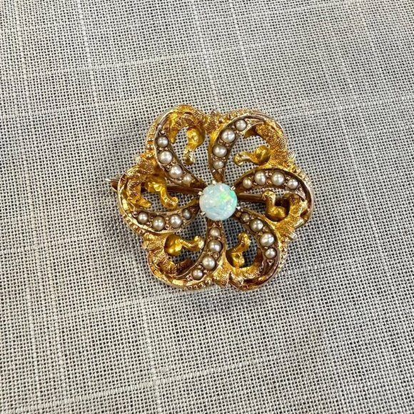 Antique Victorian Gold Opal and seed Pearl Pinwheel Flower Brooch