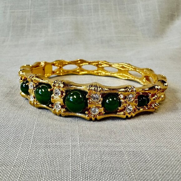 Vintage JBK Camrose & Kross Faux Jade and Gold Tone Bamboo Hinged Bracelet