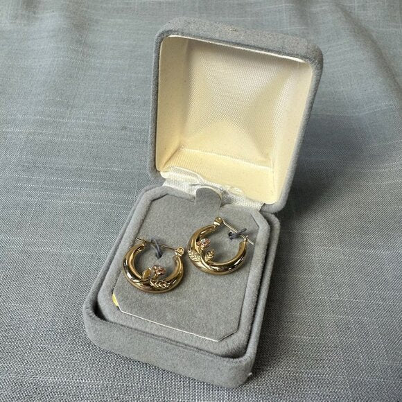 Vintage 14K Gold Hoop Earrings with Roses and Diamond Accent
