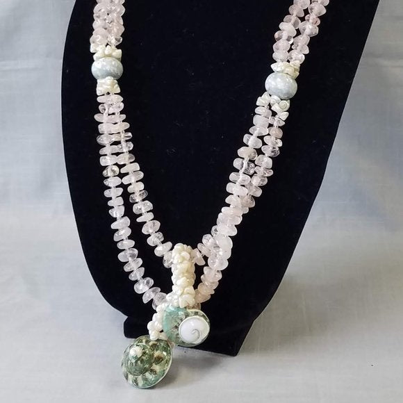Vintage Rare Pink Quartz Necklace with Turbo Green Shell Pendants