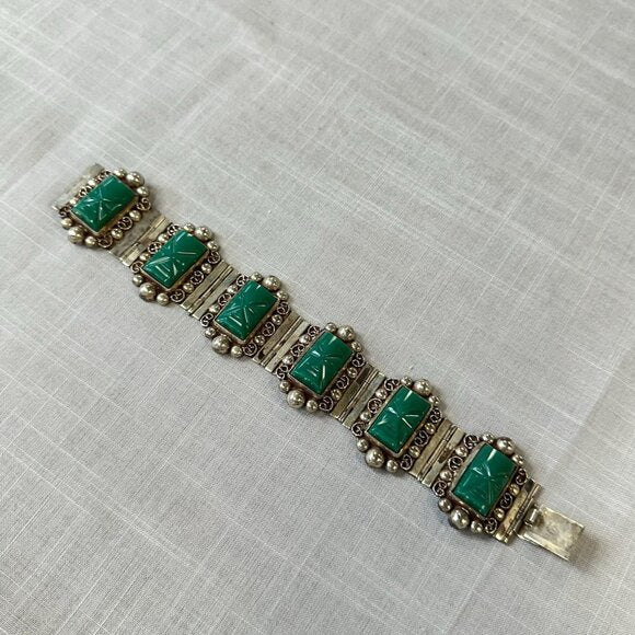 Vintage Mexico Sterling Silver Green Onyx Masks Bracelet