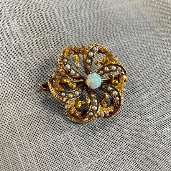 Antique Victorian Gold Opal and seed Pearl Pinwheel Flower Brooch