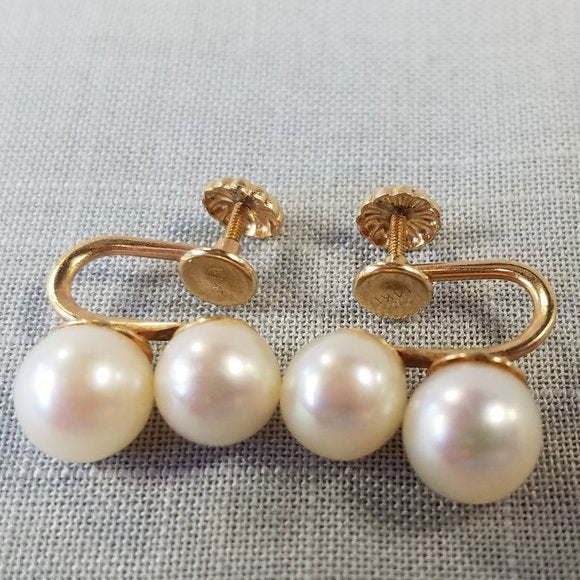 Vintage Double Cultured Pearl and 14K Gold clip-on earrings