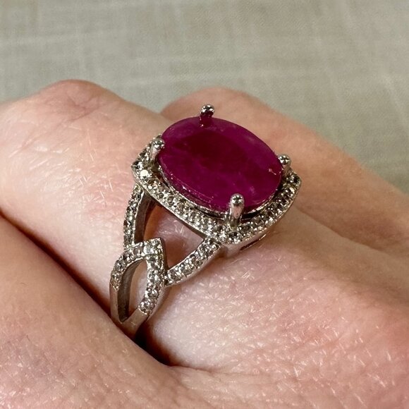 Burmese Ruby Sterling Silver Ring with Diamonds size 6.5