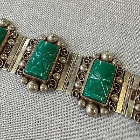 Vintage Mexico Sterling Silver Green Onyx Masks Bracelet