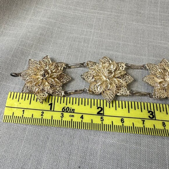 Vintage Silver Large Filigree Flower Linked Bracelet