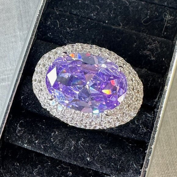 Tanzanite and CZ stones Silver Halo Ring