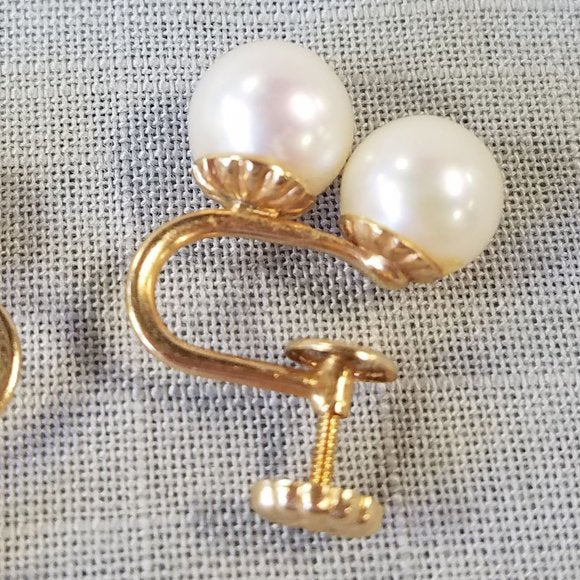 Vintage Double Cultured Pearl and 14K Gold clip-on earrings