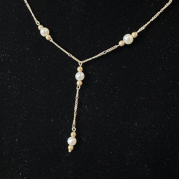 Vintage 10K Gold and Pearl Lariat Necklace