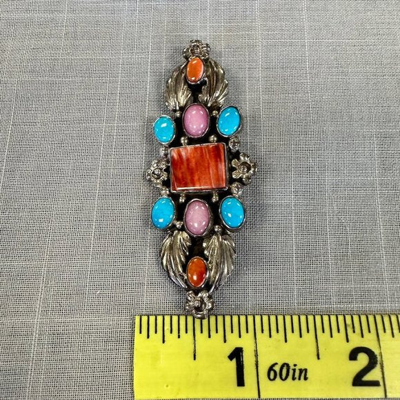 Vintage 1970s Native American Sterling Silver and Gem Stone Brooch