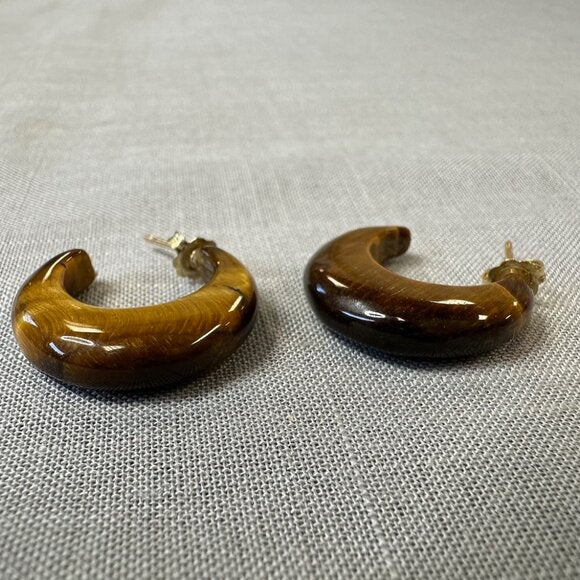 Vintage Tiger Eye C Hoop 14K Gold Earrings