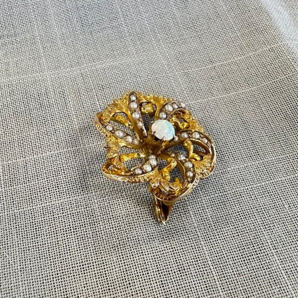 Antique Victorian Gold Opal and seed Pearl Pinwheel Flower Brooch