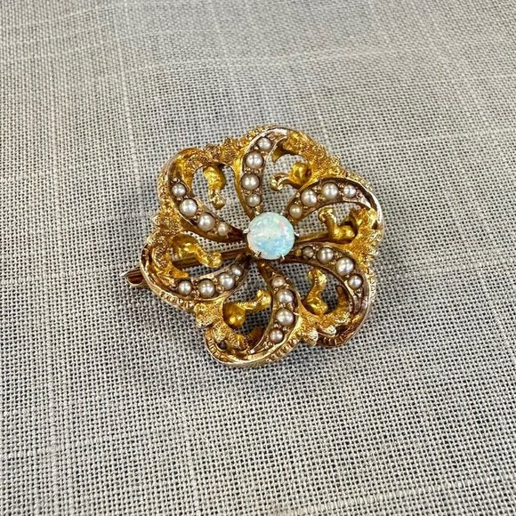 Antique Victorian Gold Opal and seed Pearl Pinwheel Flower Brooch