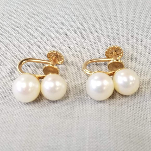 Vintage Double Cultured Pearl and 14K Gold clip-on earrings
