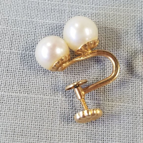 Vintage Double Cultured Pearl and 14K Gold clip-on earrings
