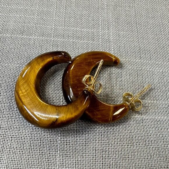 Vintage Tiger Eye C Hoop 14K Gold Earrings