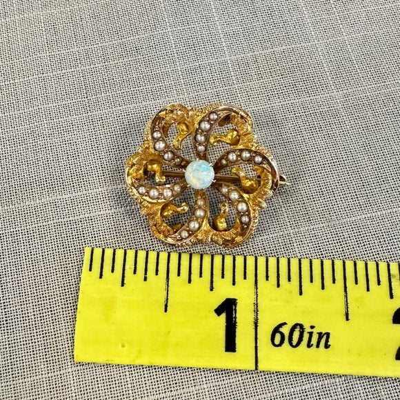 Antique Victorian Gold Opal and seed Pearl Pinwheel Flower Brooch