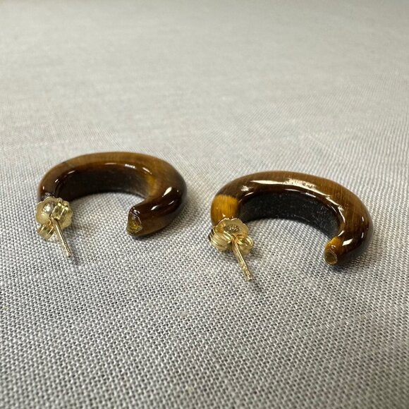 Vintage Tiger Eye C Hoop 14K Gold Earrings