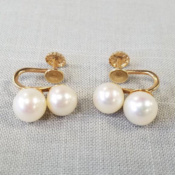Vintage Double Cultured Pearl and 14K Gold clip-on earrings