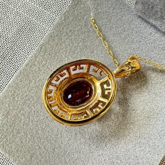 Vintage 10KT Gold Greek Key Design and Garnet Pendant Necklace
